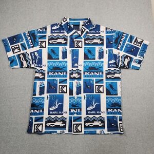 Vintage Karl Kani‎ Shirt XL Blue Aquatics Endurance Button Diving Print Y2K 90s